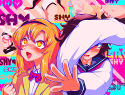 2girls ass aygoftenover blonde_hair blush bow bowtie character_name clenched_hand copyright_name covering_face glasses hand_up heart highres koishikawa_iko leotard long_sleeves momijiyama_teru multiple_girls red_bow red_bowtie shirt shy_(character) shy_(series) smile star-shaped_pupils star_(symbol) symbol-shaped_pupils tears white_leotard white_shirt