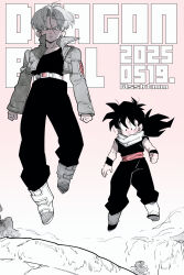 Rule 34 | 2boys, black hair, black pants, black tank top, cropped jacket, dougi, dragon ball, dragonball z, floating, full body, grey jacket, hair between eyes, highres, jacket, long hair, male focus, multiple boys, pants, parted bangs, parted lips, pink background, popped collar, sasaki tomomi, short hair, son gohan, spiked hair, tank top, trunks (dragon ball), trunks (future) (dragon ball), twitter username