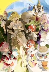 6+girls aglaea_(honkai:_star_rail) ancient_greek_clothes angel_wings animal_ears aqua_hair blue_eyes breast_tattoo castorice_(honkai:_star_rail) cat_ears cat_girl cat_tail chair chimera_(honkai:_star_rail) chrysos_heirs_(honkai:_star_rail) cipher_(honkai:_star_rail) commentary_request cross-shaped_pupils cup dress drill_hair flower food garmentmaker_(honkai:_star_rail) gold_tattoo greco-roman_clothes green_eyes hair_flower hair_ornament hat head_wreath highres holding holding_cup honkai:_star_rail honkai_(series) hyacine_(honkai:_star_rail) laurel_crown little_ica_(honkai:_star_rail) long_hair mannequin multicolored_hair multiple_girls on_chair pegasus pink_hair pointy_ears purple_eyes purple_hair red_dress red_hair red_hat short_hair sitting stella_(105_yoru) symbol-shaped_pupils table tail tattoo trianne_(honkai:_star_rail) tribbie_(honkai:_star_rail) trinnon_(honkai:_star_rail) twin_drills twintails two-tone_hair white_dress wings