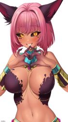 Rule 34 | 1girl, absurdres, animal ear fluff, animal ears, black sclera, blue collar, bracelet, breasts, chain, collar, colored extremities, colored sclera, detached collar, facial mark, gold bracelet, gold chain, gold trim, hair intakes, heart, heart facial mark, heart hands, highres, indie virtual youtuber, jewelry, linea alba, navel, pink brooch, pink hair, shadow, short hair, signature, slit pupils, smile, solo, tan, trickywi, velvet noir, virtual youtuber, white background, yellow eyes