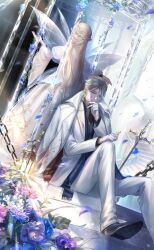 Rule 34 | 1boy, 1girl, artist request, back-to-back, birdcage, black shirt, black shoes, blonde hair, blue flower, blue scarf, blue wings, braid, brother and sister, cage, chain, chess piece, closed mouth, coat, coat on shoulders, collared coat, collared jacket, collared shirt, cuffs, dress, dress pants, dress shoes, elf, fairy, fairy wings, flower, foot out of frame, fringe trim, full body, gloves, gold circle, gown, grey eyes, grey hair, hair between eyes, half gloves, half up half down braid, hand on own chin, hand on own knee, high collar, highres, holding, holding chess piece, in cage, jacket, juliet sleeves, lantern, lapels, light particles, long dress, long hair, long sleeves, male focus, mercury (shining nikki), nikki (series), notched lapels, on stairs, open clothes, open jacket, ophelia (shining nikki), pants, petals, pink flower, pointy ears, puffy sleeves, purple flower, scarf, shackles, shining nikki, shirt, shoes, short hair, siblings, sitting, standing, straight hair, sword, transparent wings, unworn scarf, very long hair, weapon, white coat, white dress, white gloves, white jacket, white pants, wide sleeves, wings