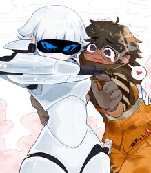1boy 1girl :d ahoge arm_behind_back arm_cannon arm_up armor black_eyes blue_eyes blush body_armor breasts brown_cloak brown_gloves brown_hair cloak commentary commentary_request copyright_name couple covered_mouth cropped_legs crying crying_with_eyes_open despair_sauce dirty dirty_clothes english_commentary eve_(wall-e) gloves goggles heart high-visibility_clothing high-visibility_vest highres leaning_forward looking_at_another looking_at_viewer medium_breasts mixed-language_commentary nose_blush open_mouth orange_pants orange_shirt pale_skin pants personification scope screen shaking shirt smile smoke speech_bubble spoken_heart standing striped_clothes striped_shirt sweat sweatdrop tears vertical-striped_clothes vertical-striped_shirt wall-e wall-e_(character) weapon white_armor white_gloves white_hair