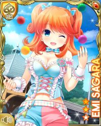 1girl :d ball belt blue_bow blue_corset blue_eyes blue_shorts bow bowtie breasts card_(medium) character_name close-up corset female_focus girlfriend_(kari) hair_bow juggling large_breasts midriff multicolored_shorts name_tag navel official_art one_eye_closed open_mouth orange_hair outdoors park pink_shorts plaid_bow qp:flapper sagara_emi shorts sky smile standing tagme tree two_side_up wink wrist_cuffs