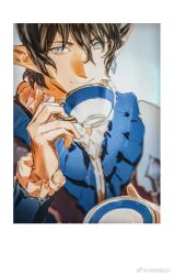 Rule 34 | 1boy, arm up, aymeric de borel, black hair, blue eyes, border, closed mouth, collar, commentary request, cup, ear covers, elezen, elf, final fantasy, final fantasy xiv, frilled collar, frilled sleeves, frills, hair between eyes, hangleing, holding, holding cup, holding saucer, long pointy ears, long sleeves, looking to the side, male focus, pointy ears, saucer, short hair, sideways glance, smile, solo, teacup, upper body, white border