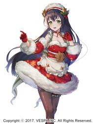 1girl apron black_hair breasts brown_pantyhose choker christmas commentary detached_sleeves dress feet_out_of_frame frilled_straps frilled_thigh_strap frills fur-trimmed_dress fur-trimmed_sleeves fur_hat fur_trim gloves green_eyes green_ribbon hair_ornament hands_up hat hat_ornament highres holding holding_ribbon holly holly_hair_ornament holly_hat_ornament hwansang_jungdog king&#039;s_raid long_hair looking_at_viewer mediana medium_breasts official_alternate_costume official_art open_mouth pantyhose red_dress red_garter red_gloves red_ribbon red_sleeves ribbon ribbon_choker santa_costume santa_dress short_apron simple_background smile snowflake_ornament snowflake_print solo straight_hair striped_ribbon thigh_strap very_long_hair waist_ribbon white_apron white_background white_fur white_hat white_ribbon