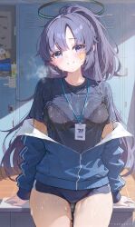 1girl :d absurdres arms_at_sides artist_name black_bra black_buruma black_halo black_shirt blue_archive blue_eyes blue_jacket blush bra bra_visible_through_clothes breasts buruma commentary cowboy_shot film_grain gluteal_fold grin gym_uniform hair_between_eyes half_updo halo happy highres id_card indoors jacket karachiiy lace lace-trimmed_bra lace_trim large_breasts locker locker_room long_hair looking_at_viewer mechanical_halo official_alternate_costume official_alternate_hairstyle open_clothes open_jacket open_mouth partially_unzipped pink_pupils ponytail purple_hair see-through_clothes see-through_shirt shirt sidelocks smile solo sweat symbol-only_commentary thigh_gap track_jacket underwear very_long_hair very_sweaty yuuka_(blue_archive) yuuka_(track)_(blue_archive)