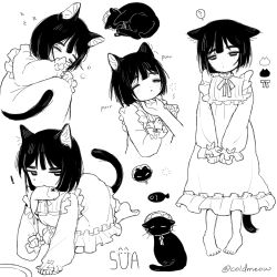 ! 1girl ? aged_down alien_stage animal animal_ears barefoot bob_cut cat cat_ears cat_girl cat_tail character_name character_signature chinese_commentary coldmeow commentary_request crawling dress fish frilled_dress frills greyscale highres holding holding_animal holding_fish monochrome mouth_hold multiple_views one_eye_closed purring scratching_chin short_hair signature sleeping spoken_question_mark sua_(alien_stage) tail zzz