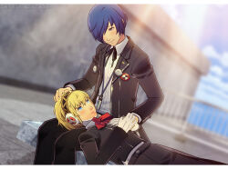 1boy 1girl 3d absurdres aigis_(persona) artist_name blue_eyes blush commentary commission english_commentary gekkoukan_high_school_uniform headpat highres looking_at_another lying_on_lap persona persona_3 personaparadise rooftop school_uniform smile yuuki_makoto_(persona_3)