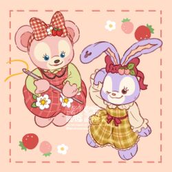2girls animal_ears bear bear_ears bear_girl bow colored_skin dress duffy_and_friends full_body highres holding looking_at_viewer multiple_girls plaid_clothes purple_skin rabbit_ears rabbit_girl shelliemay shirt smile stellalou stuffed_animal stuffed_toy takatmaorange