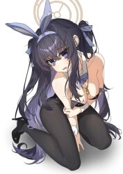 absurdres animal_ear_hairband animal_ears bags_under_eyes black_hair black_leotard black_pantyhose black_shoes blue_archive blue_eyes bow bowtie breasts brown_halo detached_collar fake_animal_ears hair_between_eyes hairband halo highres jewelry kneeling leotard long_hair long_sleeves looking_at_viewer necklace open_mouth pantyhose playboy_bunny purple_bow purple_bowtie rabbit_ears shoes simple_background small_breasts strapless strapless_leotard tsukinuma_gohan ui_(blue_archive) very_long_hair white_background wrist_cuffs