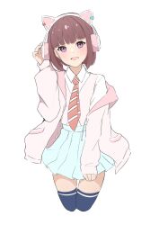 1girl :d animal_ear_headphones animal_ears blue_skirt blue_thighhighs blunt_bangs blunt_ends bob_cut brown_hair cat_ear_headphones collared_shirt commentary cowboy_shot cropped_legs dress_shirt fake_animal_ears headphones highres ikizulive!_love_live!_bluebird jacket long_sleeves love_live! miniskirt open_clothes open_jacket open_mouth pink_jacket pink_vest pleated_skirt purple_eyes sasaki_shion shirt simple_background single_off_shoulder skirt sleeves_past_wrists smile solo thighhighs tomoe_(tomoe_200) vest white_background white_headphones white_shirt zettai_ryouiki