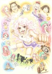 2girls ^_^ anti-eyebrow_piercing baby bartholomew_kuma beard black_hair child closed_eyes commentary_request dr._vegapunk drawing_(object) dress face_piercing facial_hair family gear_fifth ginny_(one_piece) glasses hagoromo highres jewelry jewelry_bonney kizaru_(one_piece) long_hair long_tongue looking_at_viewer monkey_d._luffy multiple_girls necklace one_piece open_mouth piercing purple_hair purple_sash red_lips romance_dawn722 sash sentoumaru shawl shorts sidelocks stuffed_animal stuffed_toy tank_top teddy_bear tongue white_hair white_shorts white_tank_top yellow_dress