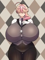 1girl ahoge black_necktie black_pants blonde_hair breasts codeorange162 dot_nose ear_piercing facing_viewer female_focus formal_clothes gigantic_breasts grey_background hidden_eyes highres hoshizaki_mika lips necktie original pants piercing pink_hair smile solo standing suit taut_clothes thick_thighs thigh_gap thighs wide_hips