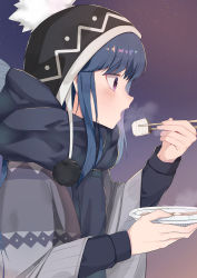 1girl :o beanie black_hat black_scarf blue_hair chopsticks eating enpera female_focus fish food hat highres holding holding_plate light_particles long_hair long_sleeves open_mouth outdoors plate pom_pom_(clothes) pom_pom_beanie poncho purple_eyes purple_sky scarf shima_rin sky smoke solo soup upper_body yukiyama_momo yurucamp