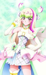 1girl @est@ boots bow bowtie bracelet cure_zukyuun dress earrings elbow_gloves gloves green_hair highres jewelry key kimi_to_idol_precure knee_boots pink_eyes precure purirun_(precure) ribbon sleeveless v