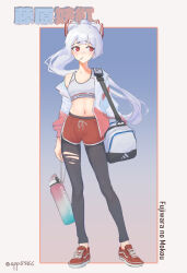1girl adidas alternate_costume artist_name bag bandaid bandaid_on_face bandaid_on_nose black_leggings blue_background boots border bottle bow breasts casual character_name commentary contrapposto dolphin_shorts duffel_bag english_commentary fujiwara_no_mokou full_body gradient_background hair_bow highres holding holding_bag holding_bottle jacket leggings leggings_under_shorts lollipop_in_mouth long_hair multicolored_jacket navel off_shoulder open_clothes open_jacket outside_border ponytail red_background red_boots red_bow red_eyes red_jacket red_shorts shoes short_shorts shorts single_bare_shoulder small_breasts sneakers solo sports_bottle sports_bra spp5566 standing stomach torn_clothes torn_leggings touhou twitter_username two-tone_bow two-tone_jacket very_long_hair white_bag white_border white_bow white_hair white_jacket white_sports_bra