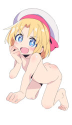 1girl :d blonde_hair blue_eyes blush bright_pupils completely_nude flat_chest game_center_shoujo_to_ibunka_kouryuu grey_hat hat highres lily_baker loli looking_at_viewer nude open_mouth saeki_tatsuya short_hair simple_background smile solo white_background white_pupils
