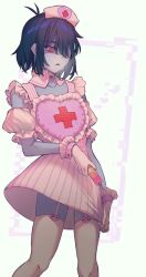 1other androgynous blue_hair blue_skin colored_skin cross deltarune gloves hat highres holding holding_syringe kris_(deltarune) looking_down nurse nurse_cap red_cross red_eyes skirt standing sweat syringe thighhighs umnun_tb white_background white_gloves white_thighhighs