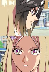 Rule 34 | 2girls, bails, black hair, blonde hair, brown eyes, close-up, commentary request, gundam, gundam wing, horse girl, meme, multicolored eyes, multicolored hair, multiple girls, narita top road (umamusume), omae wo korosu (meme), parody, purple eyes, scene reference, school uniform, stay gold (umamusume), tracen academy, tracen school uniform, umamusume, white hair, yellow eyes