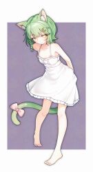 1girl animal_ears bare_shoulders barefoot braid cat_ears cat_girl cat_tail commission crescent crescent_hair_ornament dress full_body green_hair gumi_(guminghc) hair_ornament highres original purple_background short_hair side_braid simple_background sleeveless sleeveless_dress tail two-tone_background white_background white_dress yellow_eyes