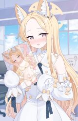 Rule 34 | 1girl, :d, animal ear fluff, animal ears, armpits, bare shoulders, blonde hair, blue archive, blurry, blurry background, blush, book, bow, bra, bright pupils, character print, collarbone, commentary, content rating, cowboy shot, day, detached sleeves, doodle sensei (blue archive), double bun, dress, embarrassed, extra ears, eyelashes, flying sweatdrops, forehead, fox ears, fox girl, hair bun, halo, highres, holding, holding book, indoors, kurumi lm, long hair, looking at viewer, multicolored eyes, navel, nose blush, open mouth, panties, parted bangs, pink eyes, seia (blue archive), sensei (blue archive), sidelocks, signature, sleeve bow, sleeveless, sleeveless dress, sleeves past fingers, sleeves past wrists, smile, solo, sorry for being sexy yuni, stomach, straight hair, sweatdrop, translated, twitter username, two-tone eyes, underwear, underwear only, very long hair, white bow, white dress, white pupils, wide sleeves, window, yellow bow, yellow bra, yellow eyes, yellow halo, yellow panties