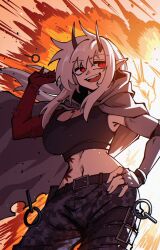 Rule 34 | 1girl, :d, bare shoulders, belt, breasts, burn scar, cleavage, demon girl, demon horns, dryegen, elbow gloves, fingerless gloves, fire, gloves, hand on own hip, highres, horns, large breasts, long hair, looking at viewer, messy hair, midriff, navel, open mouth, original, pants, pointy ears, red eyes, scar, slit pupils, smile, smoke, solo, white hair