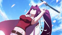 1girl breasts game_cg large_breasts navel one_eye_closed open_fly pants smile stretching tagme tank_top under_night_in-birth wink yuzuriha_(under_night_in-birth)