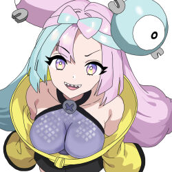 bow-shaped_hair character_hair_ornament doubletwin fake_hair_bun grey_pantyhose hair_ornament hexagon_print highres iono_(pokemon) jacket multicolored_hair nintendo oversized_clothes pantyhose pokemon pokemon_sv sharp_teeth sleeves_past_fingers sleeves_past_wrists split-color_hair teeth two-tone_hair very_long_sleeves x yellow_jacket