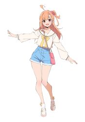 1girl :d ahoge bag blue_shorts blush bow bowtie collarbone cropped_shirt full_body hair_ornament hair_scrunchie handbag ikizulive!_love_live!_bluebird loafers long_hair long_sleeves looking_at_viewer love_live! midriff navel official_art one_side_up open_mouth orange_eyes orange_hair outstretched_arms pink_bag pink_scrunchie sailor_collar sailor_shirt scrunchie shirt shirt_overhang shoes short_shorts shorts simple_background smile socks solo standing tabata_hisayuki tachi-e takahashi_polka transparent_background white_sailor_collar white_shoes white_socks yellow_bow yellow_bowtie