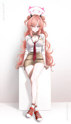 1girl absurdres black_choker blue_archive bow bowtie bralines breasts brown_skirt bucho_sama choker cleavage double_bun hair_bun highres horn_hairband kirara_(blue_archive) large_breasts long_hair looking_at_viewer loose_necktie miniskirt necktie pink_eyes pink_hair red_bow red_bowtie red_nails school_uniform shirt shoes skirt smile sneakers socks very_long_hair white_shirt white_socks