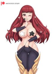 Rule 34 | 1girl, bodysuit, breasts, choker, commentary, facial mark, finger to mouth, fire emblem, fire emblem engage, hair ornament, hayato stuff, highres, large breasts, long hair, looking at viewer, mismatched pasties, nintendo, pasties, pink choker, purple bodysuit, purple pasties, red eyes, red hair, shushing, smile, solo, star (symbol), star facial mark, star hair ornament, star pasties, white pasties, yunaka (fire emblem)