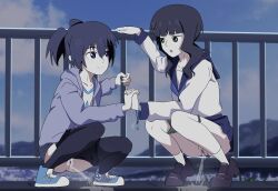 2girls black_hair black_panties black_pantyhose black_rock_shooter black_shorts black_skirt blue_eyes blue_neckerchief blue_shoes blue_skirt boss_ga_kowareteiru bracelet brown_shoes cityscape clothes_lift clothes_pull cloud collarbone converse green_eyes grey_hoodie holding_hands hood hoodie jewelry kuroi_mato long_hair long_sleeves looking_at_another multiple_girls neckerchief open_clothes open_hoodie open_mouth panties panty_pull pantyhose pantyhose_pull peeing print_shirt print_shoes pubic_hair puddle pussy school_uniform shirt shoes short_hair shorts shorts_pull skirt skirt_lift sky smile sneakers socks squatting star_(symbol) star_bracelet star_print steam takanashi_yomi twintails underwear white_shirt white_socks yuri