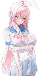 1girl absurdres ahoge arm_under_breasts blue_archive blush bow bra bra_visible_through_clothes braid breasts damcheong green_eyes hair_bow halo hanako_(blue_archive) highres large_breasts long_hair looking_at_viewer navel pink_bra pink_hair pink_halo pleated_skirt see-through_clothes see-through_shirt shirt skirt smile solo underwear wet wet_clothes wet_shirt white_background white_shirt white_skirt
