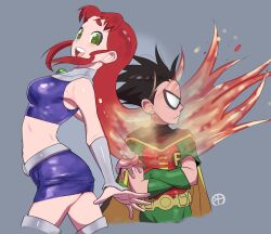1boy 1girl breasts closed_mouth colored_skin dc_comics green_eyes itsuzuki_kanau long_hair looking_at_viewer navel open_mouth red_hair robin_(dc) skirt smile starfire tamaranean teen_titans thighhighs tight_clothes