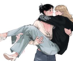 2girls arms_around_neck black_eyes black_hair black_hoodie blue_pants blush breasts brown_hair carrying chest_tattoo cleavage closed_mouth commentary denim eye_contact genderswap genderswap_(mtf) hair_bun hand_on_another&#039;s_back haotmeal high_heels highres hood hoodie jeans k-pop long_hair long_sleeves looking_at_another mary_janes medium_breasts multiple_girls pants parted_lips princess_carry real_life shirt shoes simple_background smile sung_han-bin sweatdrop symbol-only_commentary tattoo white_background white_footwear white_shirt yuri zerobaseone zhang_hao