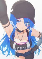 1girl absurdres arm_strap arm_up armpits black_bra black_choker black_gloves black_hat blue_eyes blue_hair blue_shorts bra breasts choker cleavage collarbone detached_sleeves epic_seven gloves grey_sleeves hair_over_one_eye hand_on_own_hip hat heterochromia highleg highleg_panties highres konjou long_hair long_sleeves looking_at_viewer medium_breasts micro_shorts midriff navel panties peira_(epic_seven) shorts simple_background single_leg_pantyhose solo sports_bra stomach thigh_gap underwear very_long_hair white_background yellow_eyes
