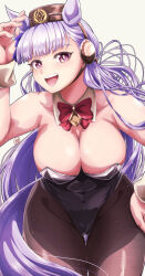 1girl absurdres alternate_costume animal_ears artist_logo bare_shoulders black_leotard black_pantyhose bow bowtie breasts brown_hat cleavage commentary_request detached_collar earmuffs gold_ship_(umamusume) grey_hair hand_on_own_hip hat highleg highleg_leotard highres horse_ears horse_girl horse_tail large_breasts leaning_forward leotard logo long_hair nontraditional_playboy_bunny open_mouth pantyhose pillbox_hat purple_eyes red_bow red_bowtie simple_background smile solo strapless strapless_leotard tail takllou teeth umamusume upper_teeth_only very_long_hair white_background wrist_cuffs
