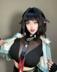 1girl 2024 animal_ears arms_up black_gloves black_hair black_necktie black_shorts brand_name_imitation breasts character_name chinese_commentary commentary contrapposto cosplay cosplay_photo covered_face cowboy_shot crop_top english_commentary feet female_focus fingerless_gloves fingernails flashing fur-trimmed_jacket fur_trim garter_straps gloves green_eyes grey_jacket grey_thighhighs head_tilt highres holding indoors jacket jane_doe_(zenless_zone_zero) jane_doe_(zenless_zone_zero)_(cosplay) kawaii_rue lace_trim large_breasts long_fingernails long_hair long_sleeves looking_at_viewer midriff mouse_ears mouse_girl mouse_tail multicolored_necktie multiple_views necktie open_mouth pants photo_(medium) pink_lips real_life red_lips red_nails red_necktie selfie shadow sharp_fingernails sharp_tail shorts skindentation soles standing straight-on symbol-only_commentary tail thick_thighs thighhighs thighs zenless_zone_zero