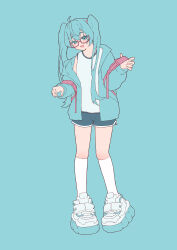 1girl :3 absurdres ahoge backpack bag blue_background blue_eyes blue_hair blue_jacket blush full_body glasses hair_between_eyes hatsune_miku highres hood hooded_jacket jacket looking_at_viewer open_mouth pink_bag platform_shoes short_shorts shorts single_bare_shoulder single_off_shoulder socks solo standing tank_top twintails vocaloid white_socks zephda