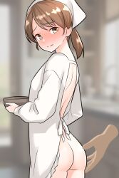 1girl apron ass blurry blurry_background blush brown_eyes brown_hair disembodied_hand full-face_blush furaggu_(frag_0416) headscarf highres kantai_collection kappougi kitchen low_twintails naked_kappougi shirayuki_(kancolle) shirayuki_(saury_festival)_(kancolle) short_twintails solo_focus standing twintails white_headscarf