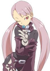 1girl absurdres bodysuit candy chaps cynthia_lane eyebrows female_focus food gloves highres lollipop long_hair looking_at_viewer one_eye_closed overman_king_gainer pink_hair red_eyes simple_background solo twintails white_background yamamoto_souichirou