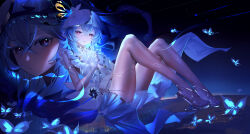 1girl absurdres armlet bare_legs blake_bloom_(wuthering_waves) blue_hair blue_nails blue_veil breasts colored_eyelashes commentary dress flower hair_between_eyes heel-less_heels high_heel_sandals highres holding holding_flower jewelry legs long_hair looking_at_viewer mahcl_(mhcl3466) medium_breasts multiple_views nail_polish purple_eyes sandals shorekeeper_(wuthering_waves) sleeveless sleeveless_dress thighs toenail_polish toenails toes two-tone_veil veil white_dress white_veil wuthering_waves