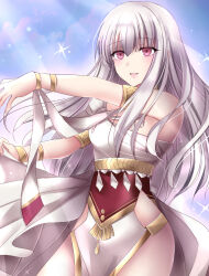 1girl ancient_greek_clothes armlet belly_chain blush bracelet breasts collar commentary_request dancer_(fire_emblem:_three_houses) dancing dress feet_out_of_frame fire_emblem fire_emblem:_three_houses greco-roman_clothes head_out_of_frame highres jewelry kirishima_riona long_hair long_sidelocks looking_at_viewer lysithea_von_ordelia medium_breasts nintendo open_mouth pelvic_curtain pink_eyes sidelocks single-shoulder_dress single_strap sky smile solo sparkle translated white_hair