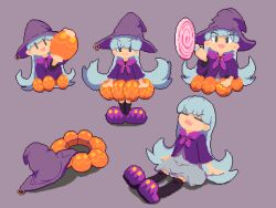 1girl :d animated animated_gif blue_hair blue_skirt bow bowtie candy closed_eyes eyes_visible_through_hair fang food foreshortening halloween hat instrument kawawagi lollipop long_hair music open_mouth original pixel_art playing_instrument purple_background purple_bow purple_bowtie purple_hat purple_shoes shoes sitting skirt smile solid_oval_eyes solo standing very_long_hair witch witch_hat