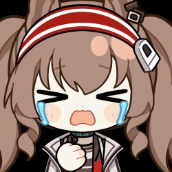 &gt;_&lt; 1girl angelina_(arknights) animal_ears animated animated_gif arknights black_choker blush brown_hair chinese_commentary choker chunye_haruya closed_eyes coat commentary_request crying dot_nose earpiece fox_ears hair_between_eyes hairband infection_monitor_(arknights) jacket long_hair lowres material_growth open_clothes open_coat open_jacket oripathy_lesion_(arknights) red_eyes red_hairband red_jacket second-party_source solo streaming_tears striped_clothes striped_hairband tears transparent_background twintails two-tone_hairband upper_body wavy_hair white_coat