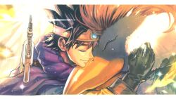 1boy 1other beak bird black_gloves black_hair blue_gemstone border cape circlet closed_eyes commentary_request dragon_quest dragon_quest_iii gem gloves gold_circlet hero_(dq3) highres hug profile purple_cape ramia_(dq3) roto_(dq3) sanpo_kbg short_hair smile sparkle spiked_hair sword sword_on_back weapon weapon_on_back white_border