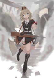 Rule 34 | 1girl, absurdres, armband, black necktie, blonde hair, camera, commission, envelope, file, garrison cap, girls&#039; frontline, gun, hat, highres, iruka 77, manila envelope, military, military hat, military uniform, mp41, mp41 (girls&#039; frontline), necktie, pixiv commission, red armband, short hair, solo, submachine gun, throwing, weapon, wehrmacht