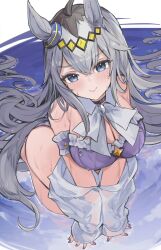 Rule 34 | 1girl, ahoge, all fours, animal ears, appleseed (appleseed art), bare shoulders, blue eyes, breasts, choker, cleavage, closed mouth, commentary, detached collar, double-parted bangs, grey hair, hair between eyes, highres, horse ears, horse girl, horse tail, large breasts, leaning forward, long hair, long sleeves, looking at viewer, nail polish, off shoulder, oguri cap (umamusume), purple choker, purple nails, see-through clothes, see-through shirt, shirt, solo, swimsuit, tail, umamusume, very long hair, wet, white shirt