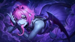 1girl absurdres ahoge bare_shoulders belt black_belt black_tail black_wings blue_skin breasts chain chain_necklace colored_skin commentary commission demon_girl demon_horns demon_tail demon_wings dress english_commentary eyelashes eyeliner eyeshadow feet_out_of_frame fingernails hair_between_eyes highres horns hornyyoyi_(vtuber) indie_virtual_youtuber jewelry long_tongue looking_at_viewer makeup medium_breasts necklace numanoan open_mouth pink_hair pink_nails pointy_ears purple_background purple_dress purple_eyes purple_skirt saliva saliva_trail sharp_fingernails short_hair sidelocks skirt solo sparkle sparkling_aura tail teeth tongue tongue_out upper_teeth_only virtual_youtuber wings