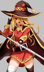 Rule 34 | 1girl, artist request, blonde hair, cosplay, evileye (overlord), grey background, highres, kono subarashii sekai ni shukufuku wo!, megumin (cosplay), overlord (maruyama), red eyes, solo, tagme, thighs